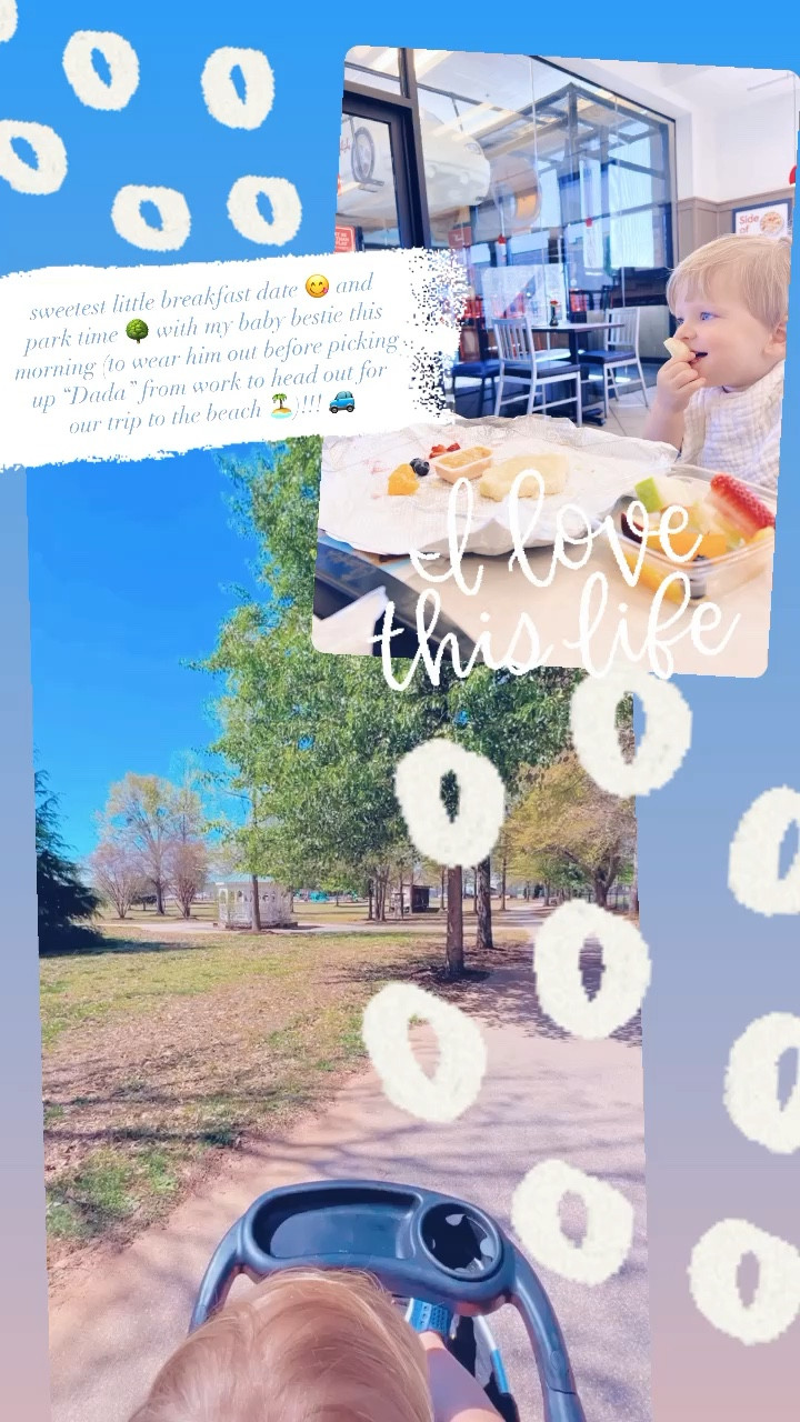 sweetest little breakfast date 😋 and park time 🌳 with my baby bestie this morning (to wear him out before picking up “Dada” from work to head out for our trip to the beach 🏝️)!!! 🚙 