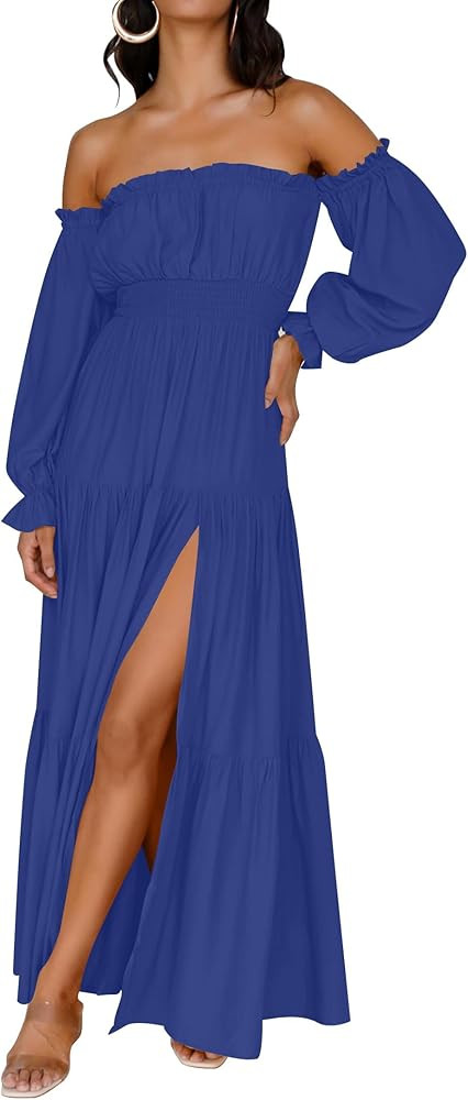 ZESICA Women's 2025 Boho Sexy Off Shoulder Long Sleeve Smocked High Waist Side Split Flowy A Line... | Amazon (US)