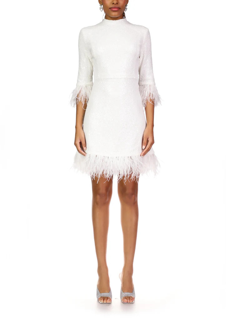 Mini Ashley Dress with Feathers in White | Over The Moon