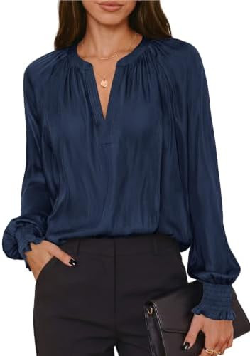 PRETTYGARDEN Women's Satin Blouses V Neck Long Sleeve Tops | Amazon (US)