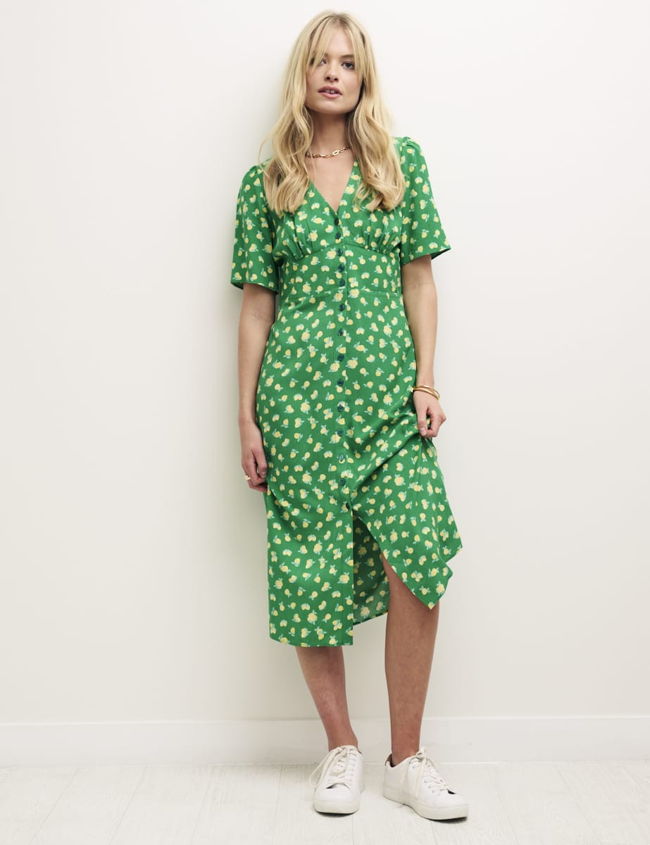 Green Sicilian Lemon Alexa Midi with Shirring Tea Dress | Nobody's Child