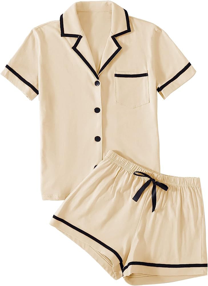 LYANER Women's Cotton Pajamas Set Button Short Sleeve Shirt with Shorts Set PJs Loungewear | Amazon (US)