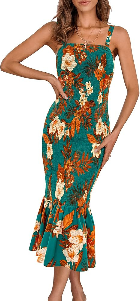 PRETTYGARDEN Women's Summer Floral Midi Tank Dress Sleeveless Strappy Ruffle Hem Smocked Bodycon ... | Amazon (US)