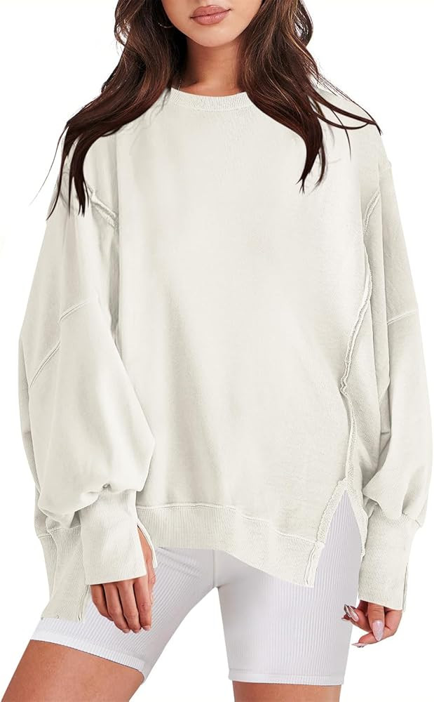 Panadila Women's Oversized Crewneck Sweatshirt with Side Slits Casual Long Sleeve Pullover Loose ... | Amazon (US)