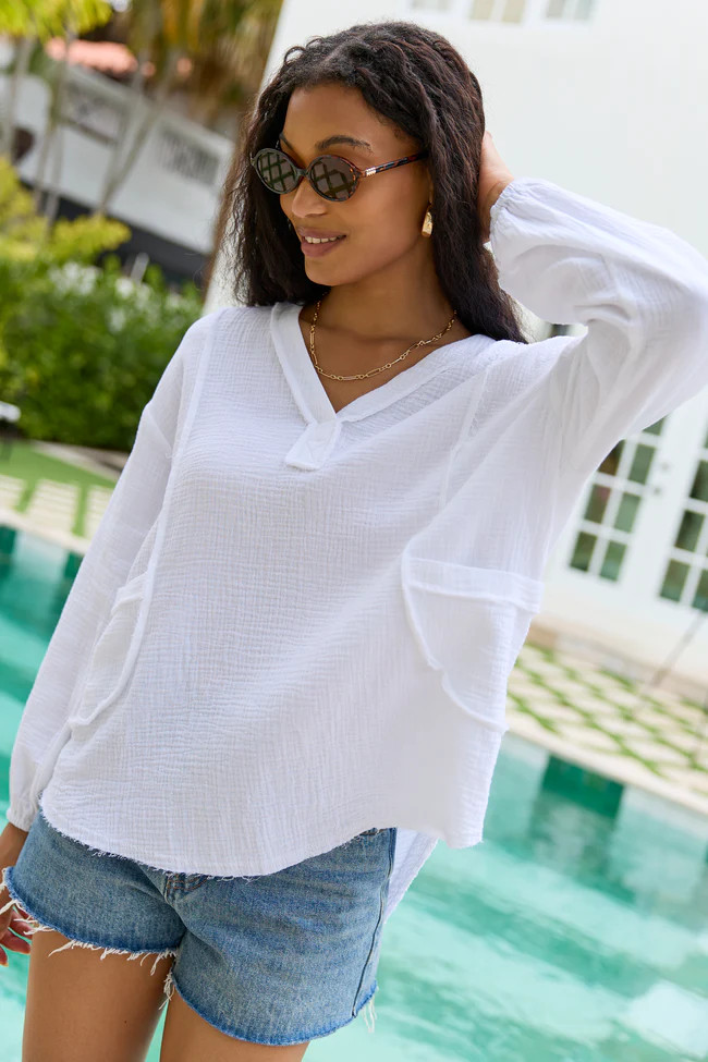 Jenna White Gauze V-Neck Tunic | Pink Lily