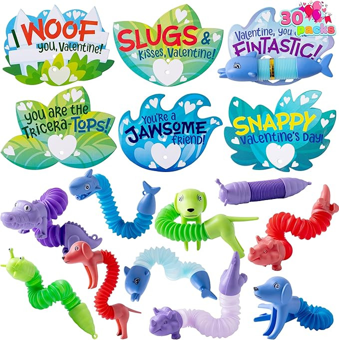 JOYIN 30 Packs Valentine’s Day Gift Cards with Critter Pop Tubes, Stress Relief Fidget Toys, Te... | Amazon (US)