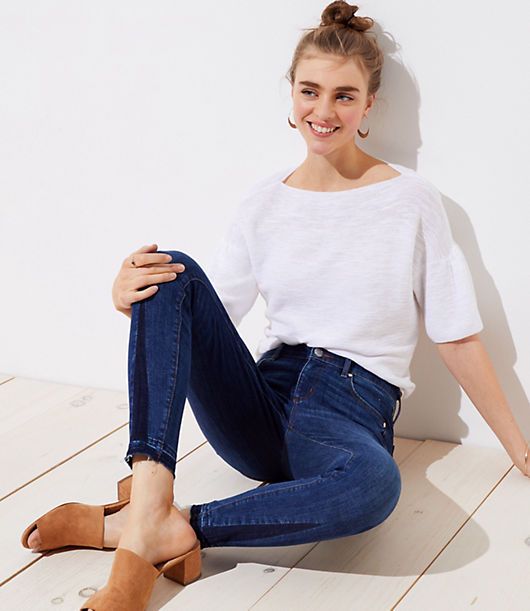 LOFT Petite Modern Godet Cuff Skinny Jeans in Dark Stonewash | LOFT