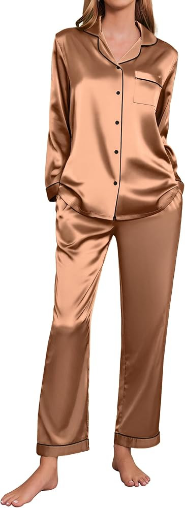 Ekouaer Silk Pajamas Women's Long Sleeve Sleepwear Satin Soft Button Down Loungewear Pjs Set S-XX... | Amazon (US)