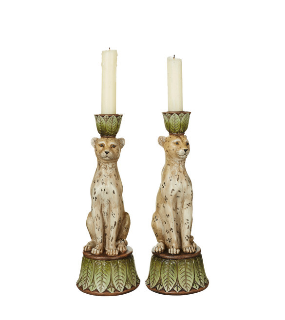 Pair of Lakadema Leopard Candle Holders - Multi | OKA US