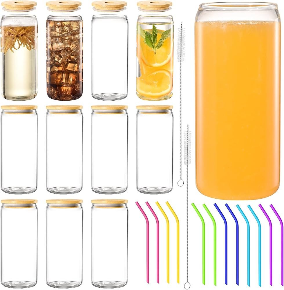 20 oz Glass Cups with Lids and Straws,Beer Glasses,Drinking Glasses, Iced Coffee Cup,Glass Cups S... | Amazon (US)