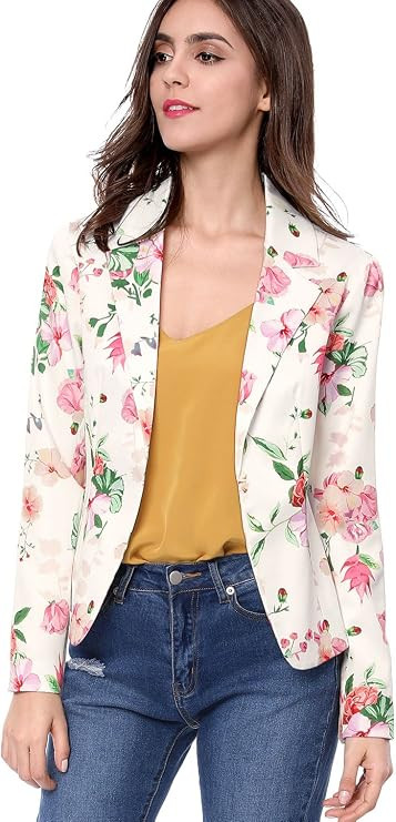 Allegra K Women's Long Sleeve Notch Lapel Open-Front Allover Printed Casual Blazer Jacket | Amazon (US)