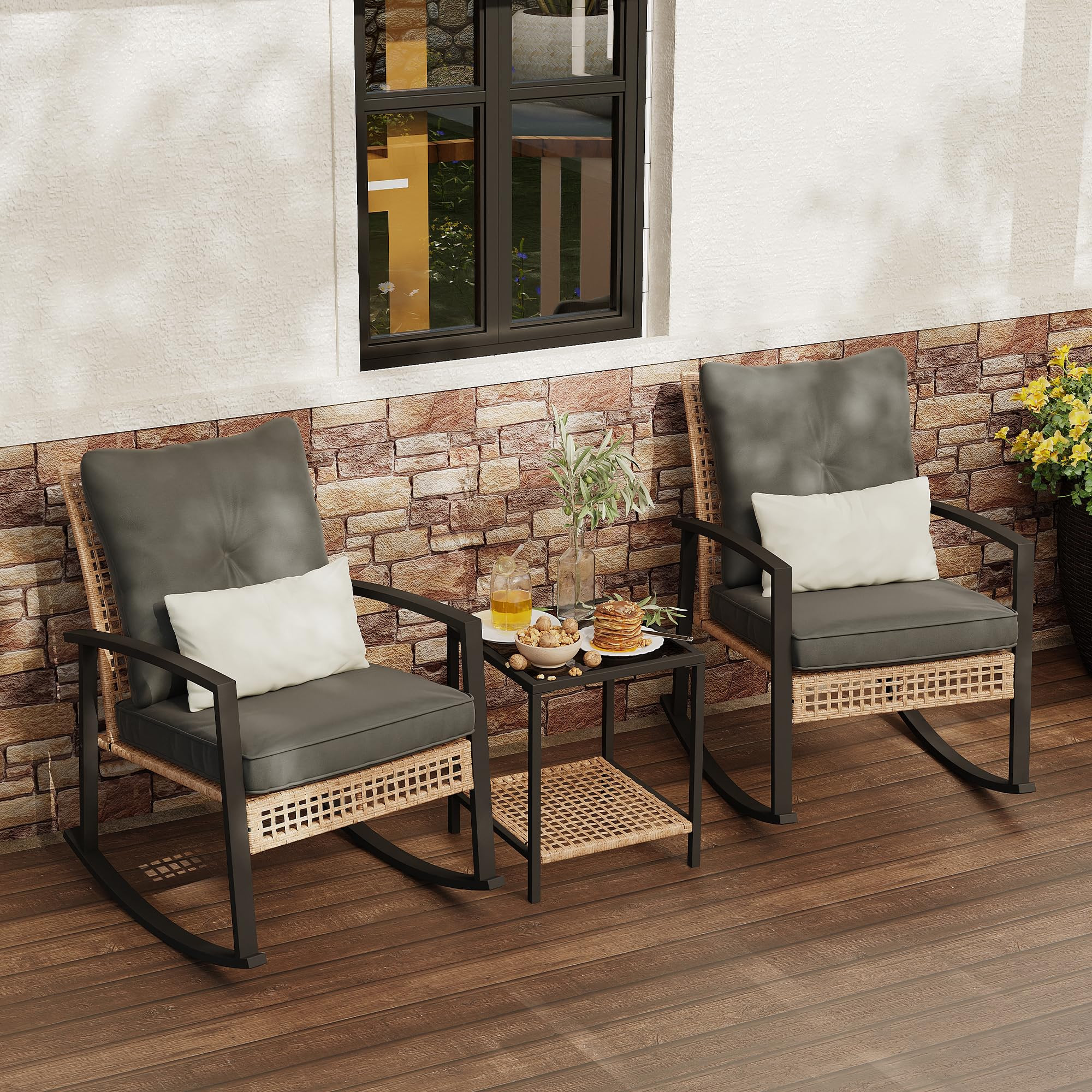 Juego de 2 mecedoras de patio de 3 piezas, juego de mecedoras para exteriores con mesa de centro ... | Amazon (US)