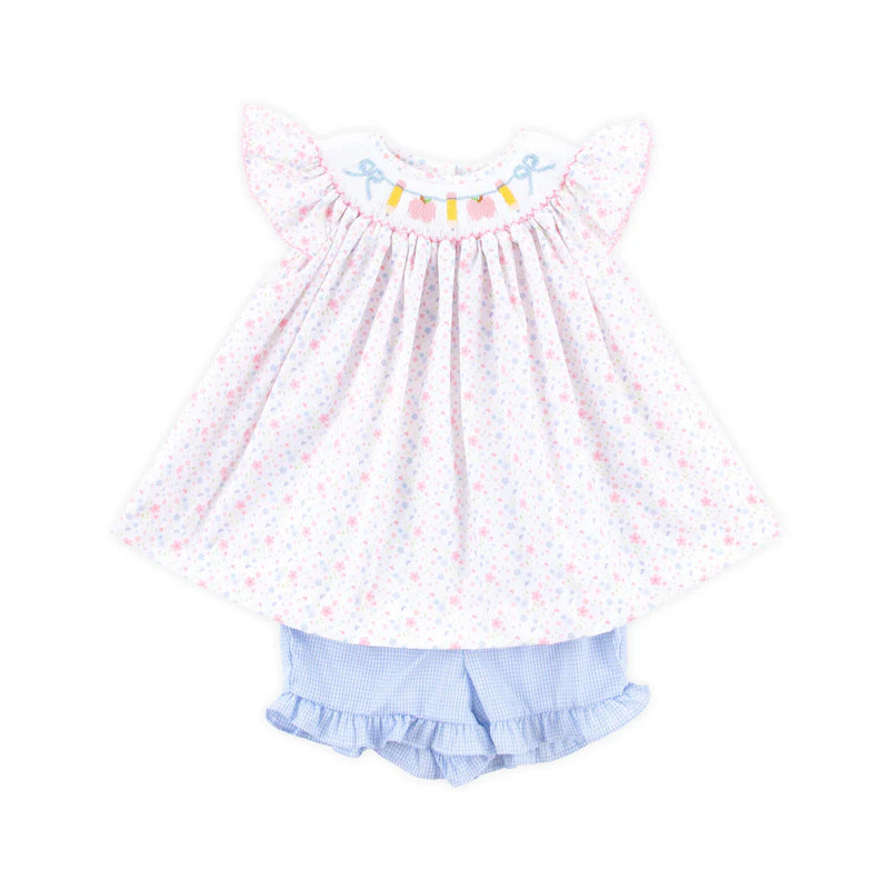 Pink Apple & Pencil Floral Smocked Short Set | Classic Whimsy
