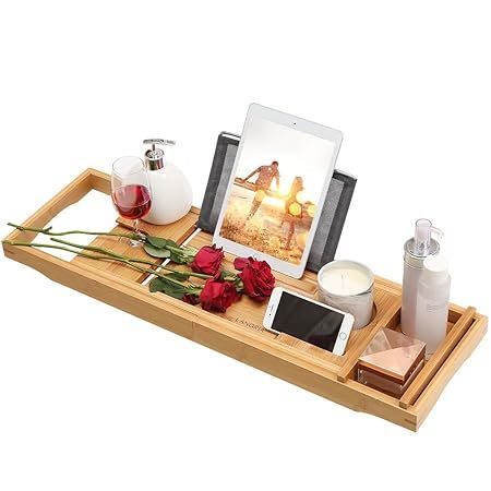 LANGRIA Bamboo Bathtub Caddy Tray with Extending Sides Mug/Wineglass/Smartphone Holder, Metal Fra... | Amazon (US)