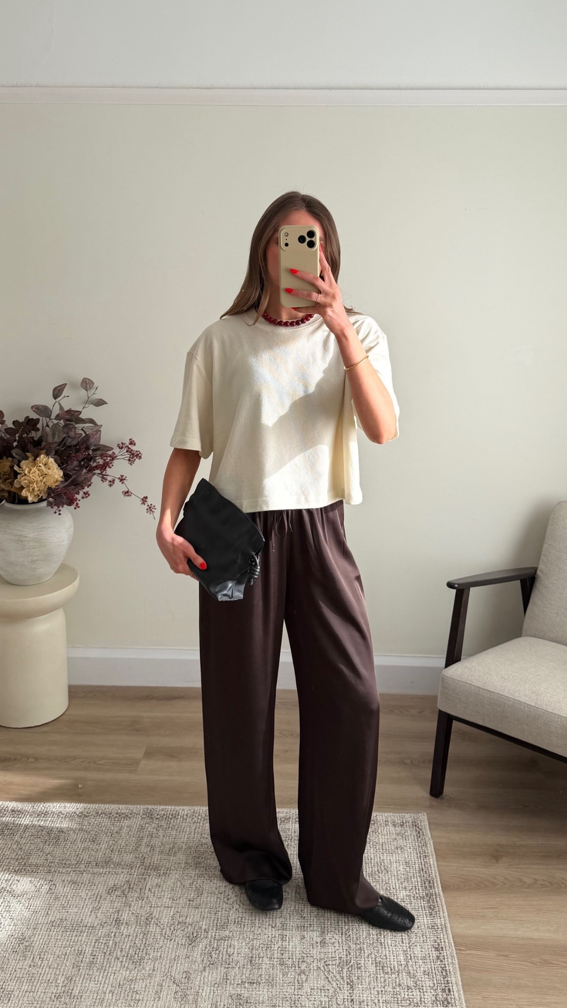 Outfit for a casual-ish dinner 
Small in the asos cropped boxy t-shirt
25 Long in the Abercrombie brow satin trousers
& other stories red beaded necklace - exact sold out
Loewe mini flamenco bag black leather 
Loewe gold chain shoulder strap
& other stories black ballet flats 

#LTKsummer #LTKspring