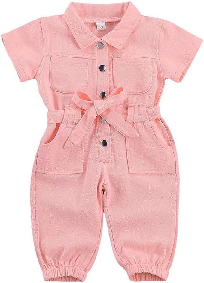 AMAWMW Toddler Baby Girl Short Sleeve Pocket Turn-Down Collar Jumpsuit One Piece Romper | Amazon (US)