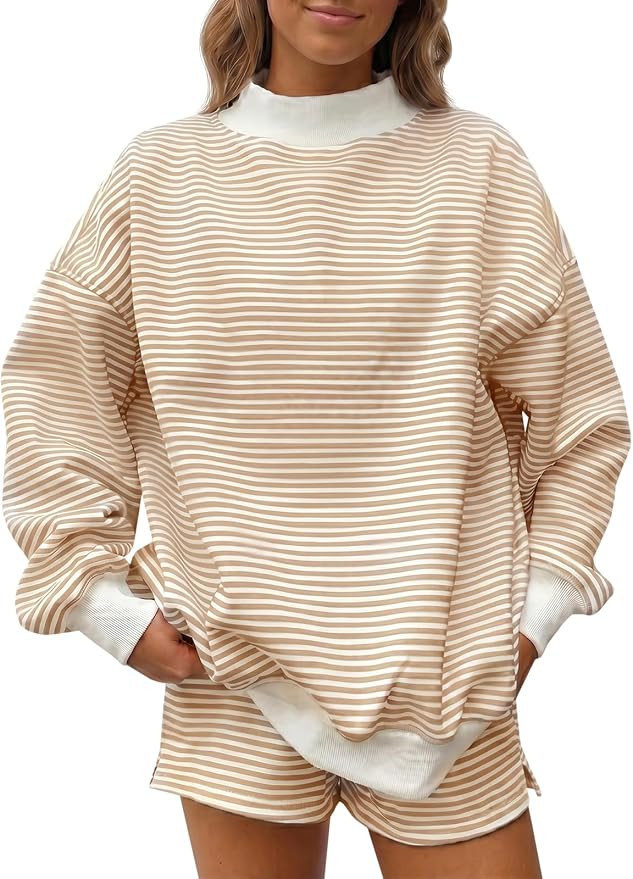 Fisoew Womens Striped 2 Piece Matching Sets Mock Neck Workout Lounge Outfit | Amazon (US)