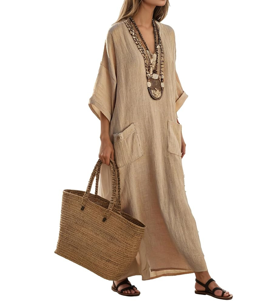 Cotton Linen Kaftan Dresses for Women Boho Casual Loose Long Dress Summer V Neck Caftan with Pock... | Amazon (US)