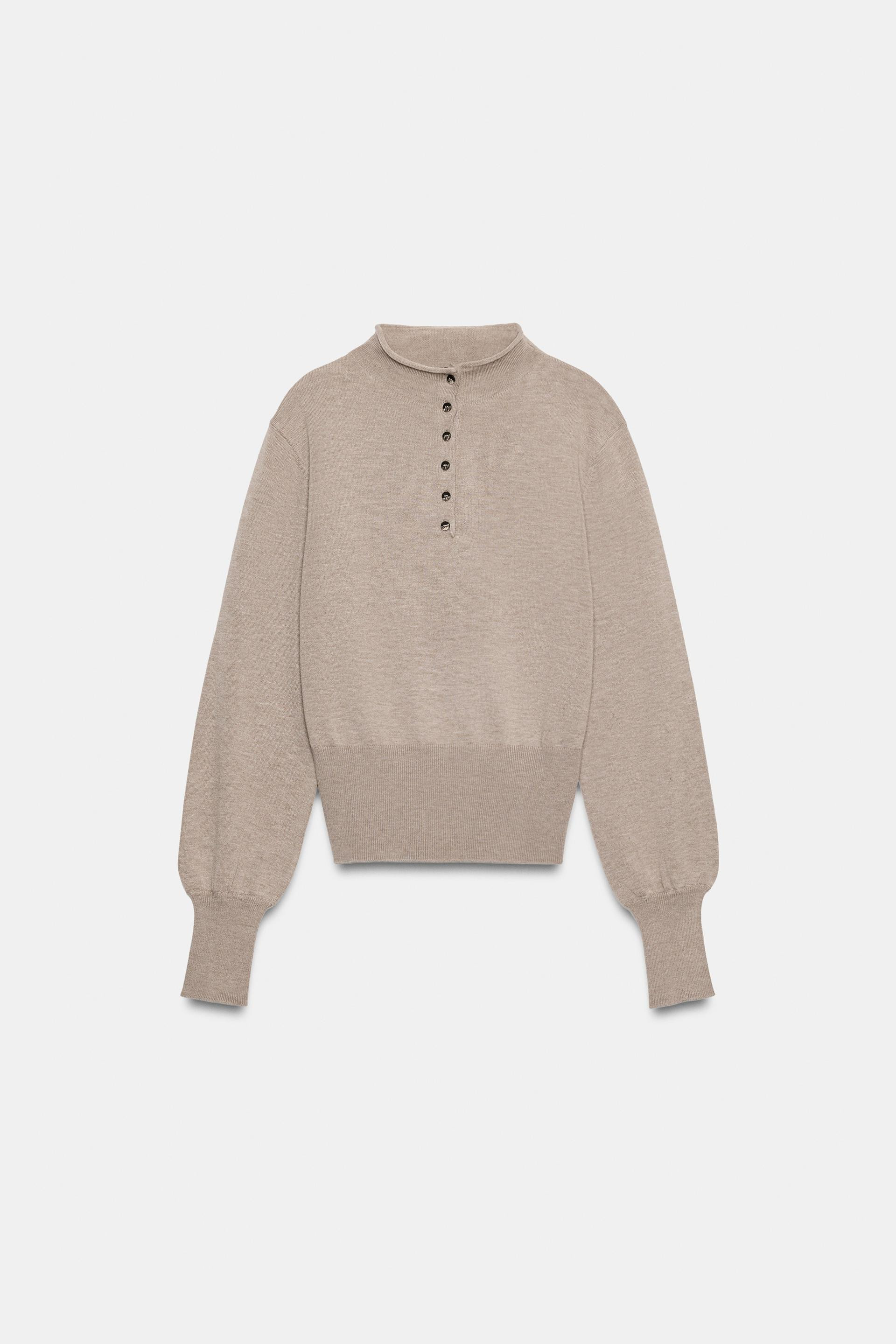 Zara - Suede Knit Jumper With High Neck And Buttons - Mink Marl - Xl - Woman | Zara UK