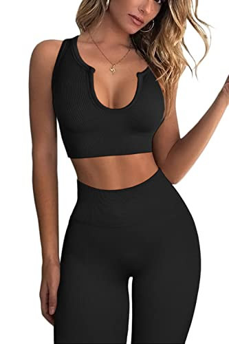 QINSEN Workout Leggings for Women High Waist,Seamless Workout Bra 2 Piece Outfits Set 03 Black M | Amazon (US)