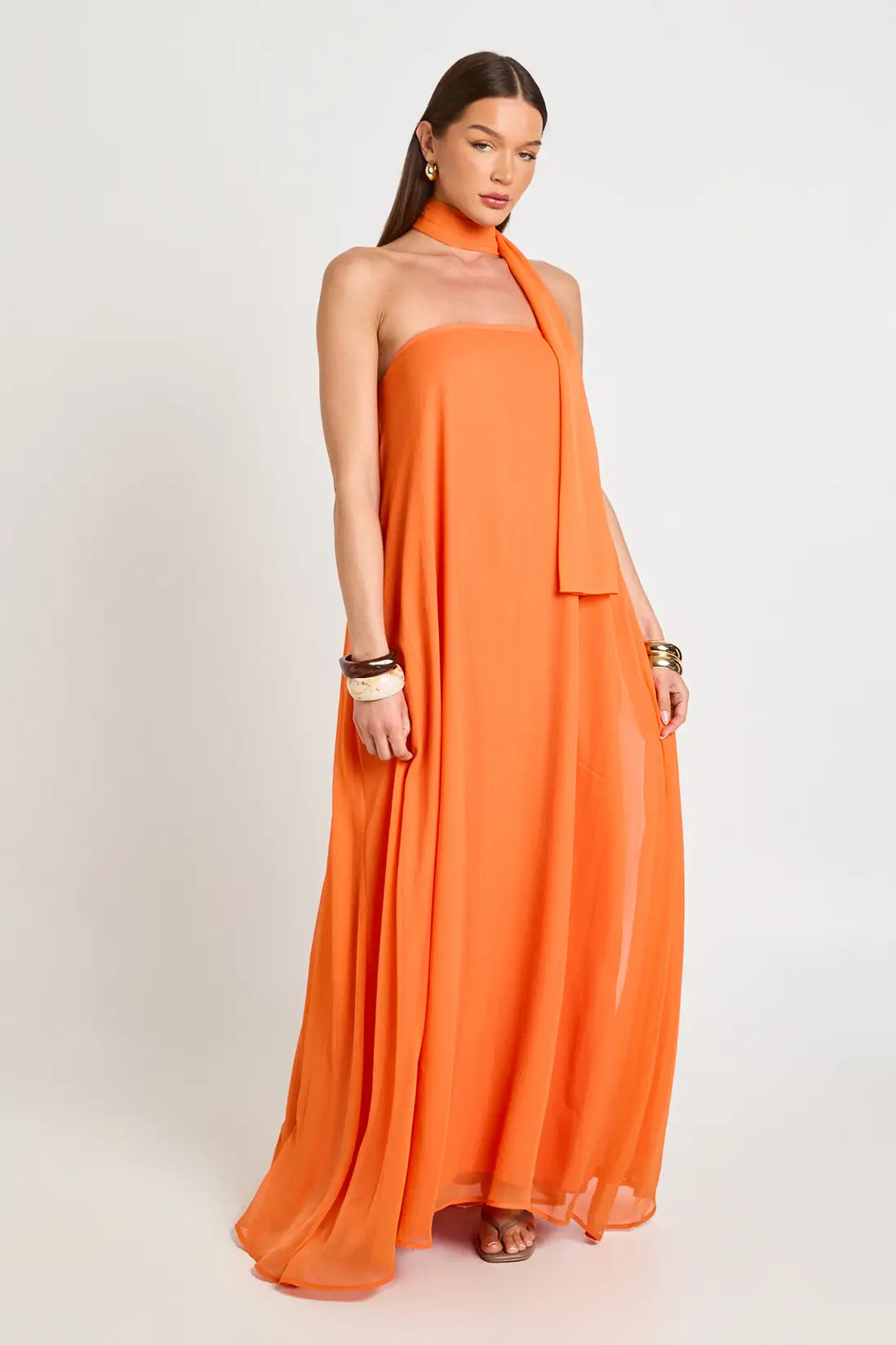 Orange Scarf Detail Trapeze Floor Sweeping Maxi Dress | Boohoo USA | boohoo (US & Canada)