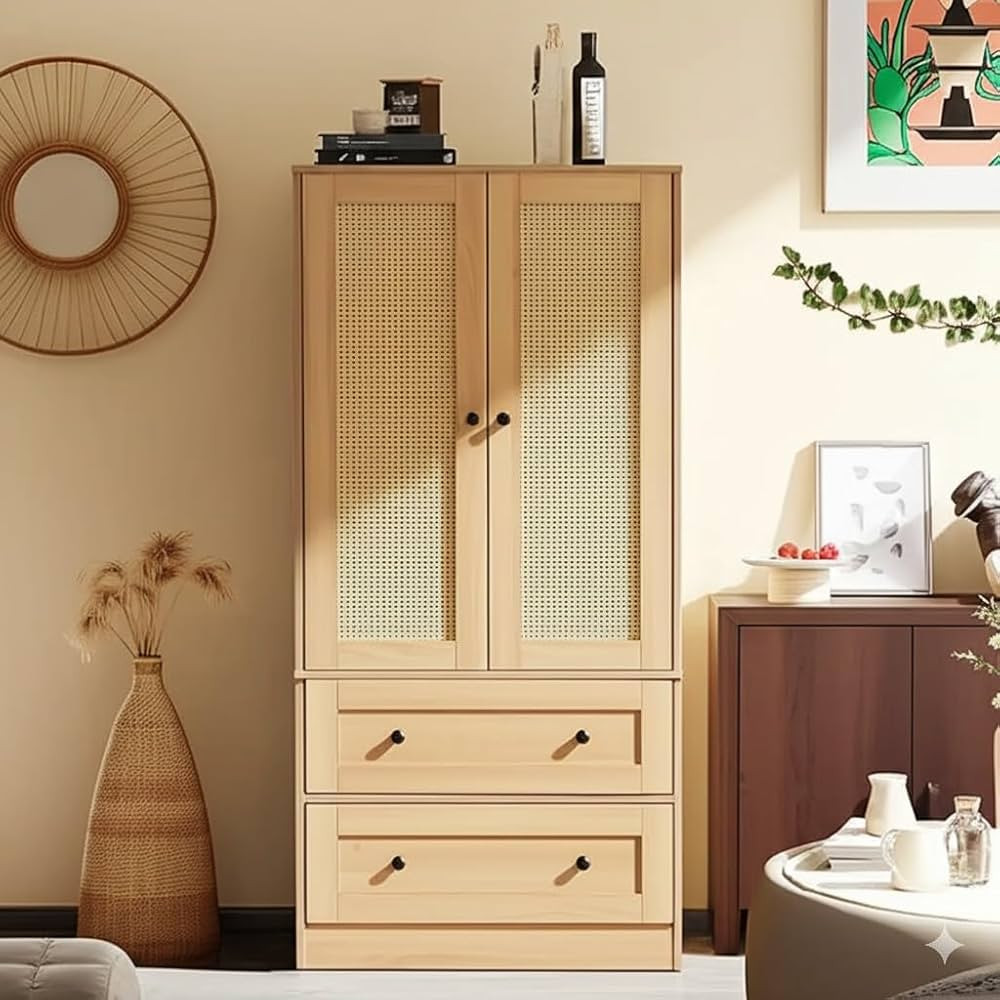Anystyle Rattan Oak Kitchen Pantry, Storage Cabinet with Adjustable Shelf for Living Room, Kitche... | Amazon (US)
