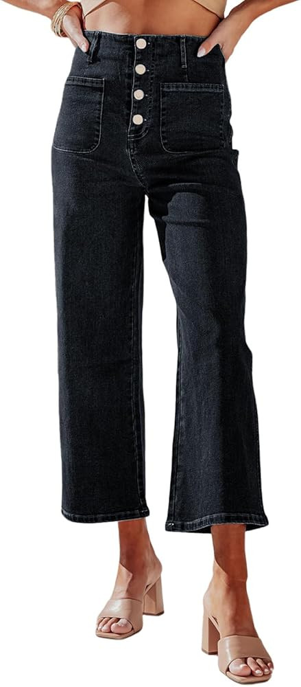 Sidefeel Women's Wide Leg Jeans High Waisted Zimbaplatinum Stretchy Straight Leg Jeans Buttoned L... | Amazon (US)