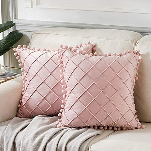 Andaot 2 Packs Boho Decorative Throw Pillow Covers with Pom Poms for Living Room/Couch/Bed, Blush Pi | Amazon (US)