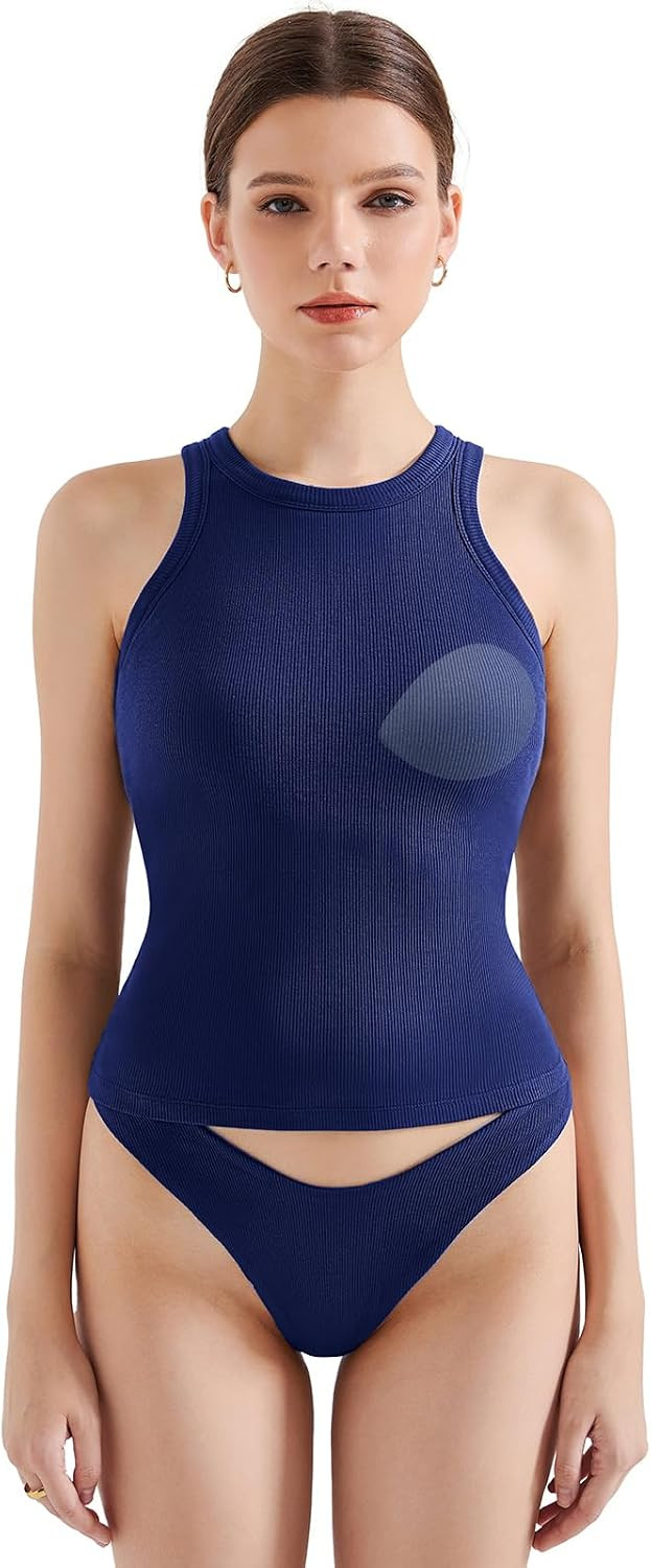 SUUKSESS Women Padded Cotton Ribbed Tank Tops High Neck Basic Tops | Amazon (US)
