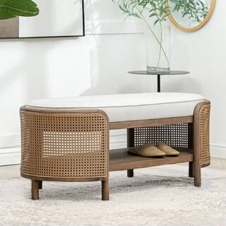 Panama White Natural Wood Storage Entryway Dining Bench with Rattan 45.5 in. | The Home Depot