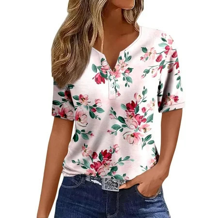 Womens Blouses V Neck Buttons Sexy Short Sleeve Dressy Floral Print Clothes Ladies Tops Clothing Shirts Streetwear | Walmart (US)