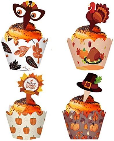48 Pieces Thanksgiving Cupcake Toppers Cupcake Wrappers Kit for Thanksgiving Day Autumn Cake Deco... | Amazon (US)