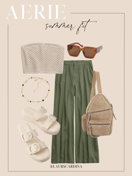 This summer outfit from Aerie includes a tan tube top paired with green wide leg pants, a beaded necklace, brown sunglasses, a tan sling bag, and cream sandals. 

Spring style, summer outfit, resort wear, date night 

#LTKfindsunder50 #LTKshoecrush #LTKstyletip