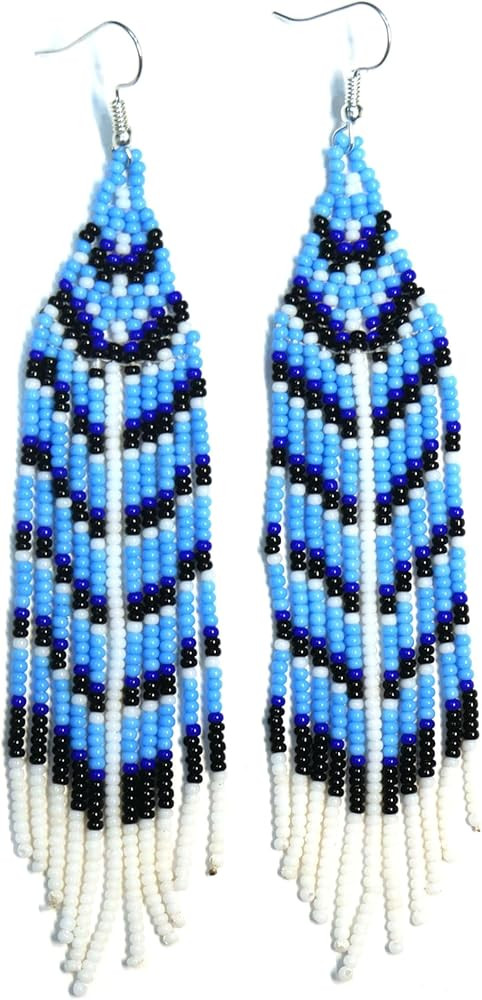 Handmade tribal Long Fringe native glass seed beads beaded earrings | Amazon (US)