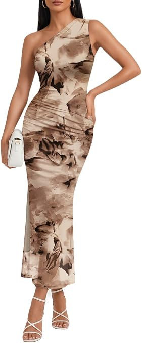 Trendy Queen One Shoulder Maxi Bodycon Mesh Ruched Dress with Side Slit | Stretchy Soft Fit, Even... | Amazon (US)