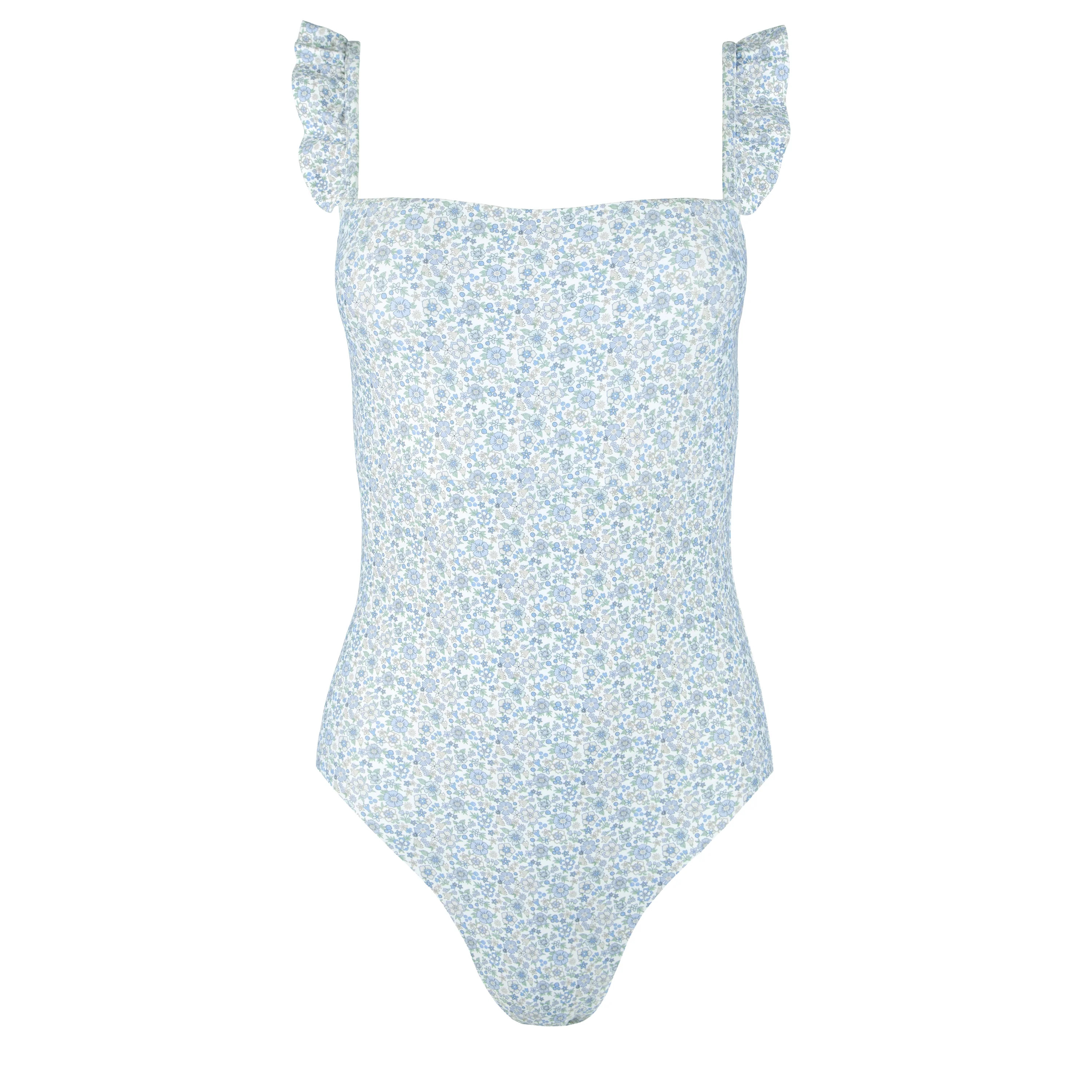 women's slate floral low back ruffle one piece | Minnow