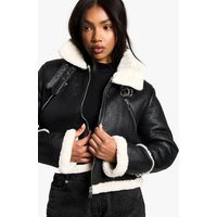 boohoo Women's Cropped Aviator Jacket in Black | Size: 10 | Polyurethane | boohoo (US & Canada)