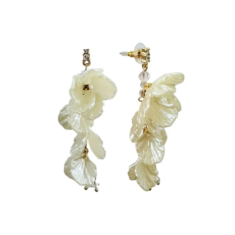 Time and Tru Petal Linear Gold and White with Beads Fashion Earrings - Walmart.com | Walmart (US)