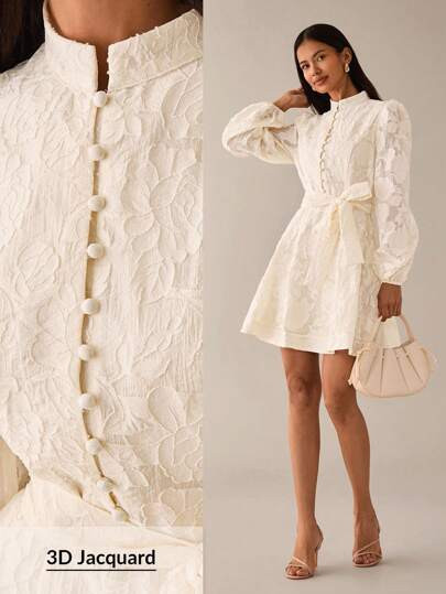 Lilora Elegant Sweet Jacquard Texture Premium Quality Stand Collar Cinched Waist Big A-Line Front... | SHEIN