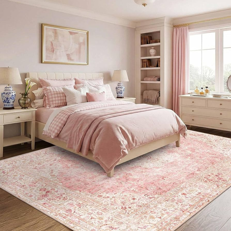 Latte&Fog Pink Area Rugs 8x10, Vintage Cute Large Washeble Rugs for Living Room, Girls Bedroom, K... | Amazon (US)