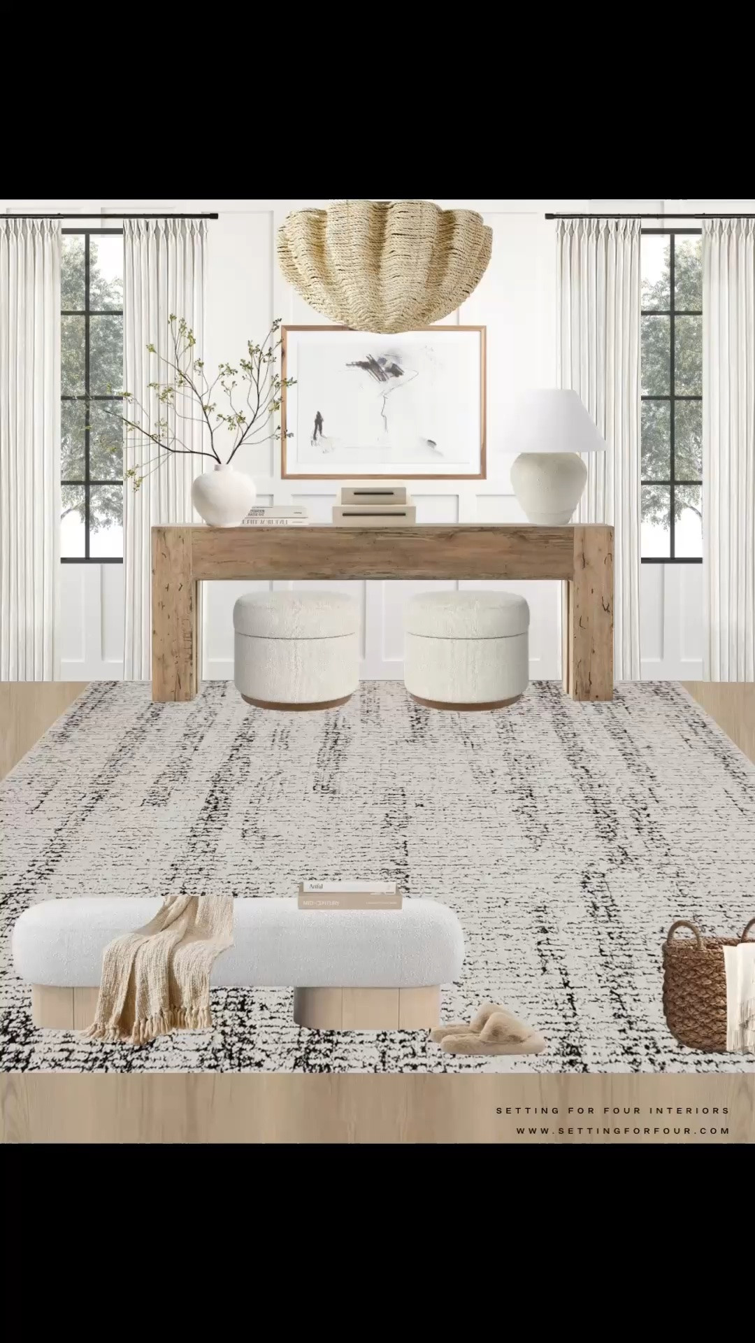 Neutral entryway furniture, decor and storage. Console table, upholstered ottomans with storage, table lamp, vase , greenery stems, arch mirror, wall art, woven light fixture, flush mount light, entry rug, upholstered bench, basket, Amazon home, restoration hardware style, Wayfair, McGee, organic modern, minimalist, transitional

#LTKhome #LTKsale