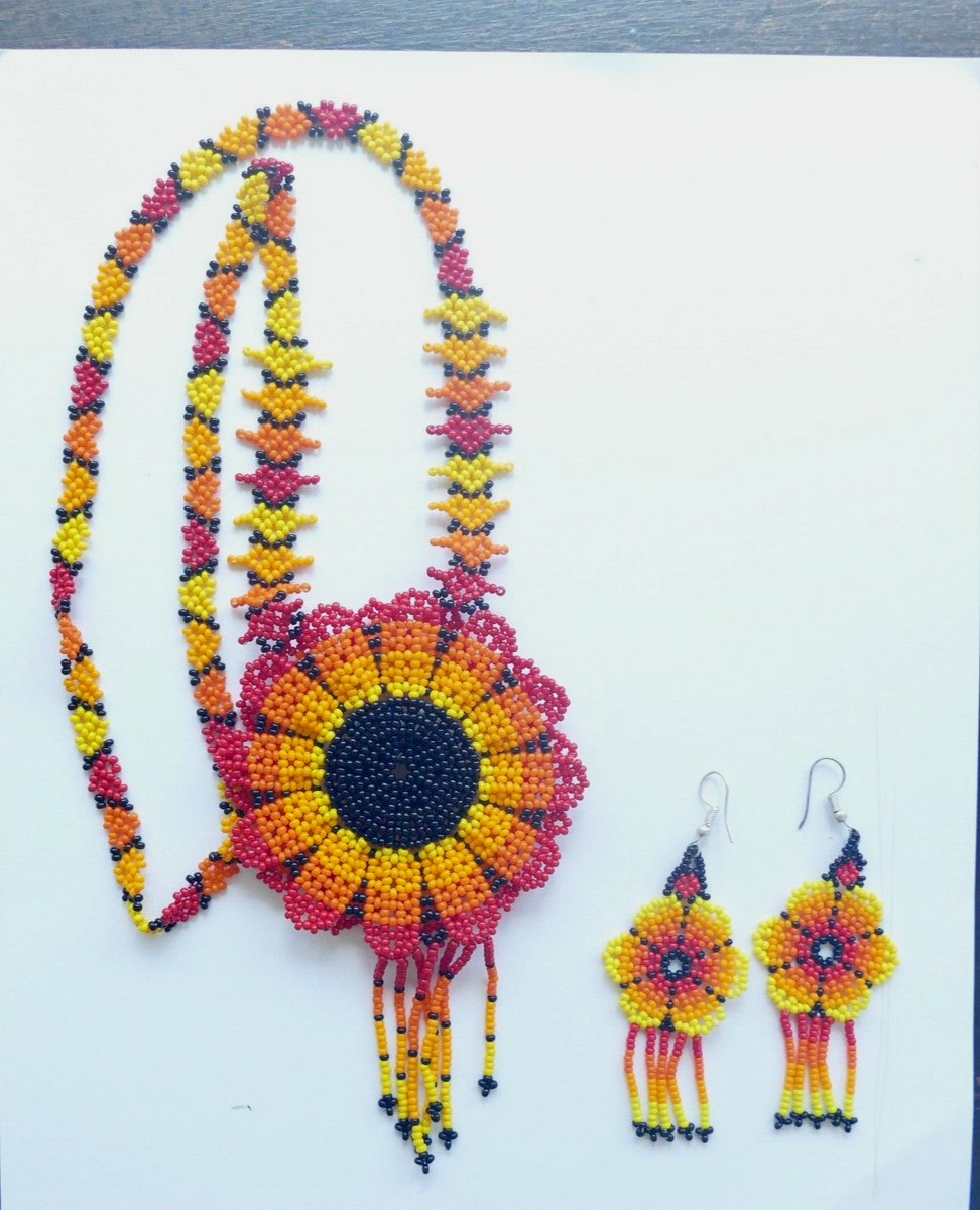 HUICHOL BEADED NECKLACE & EARRING Set NEW  Flower Sunflower Handmade Mexican Art | eBay US