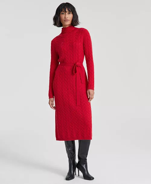 Charter Club Women's Cashmere Cable-Knit Mock Neck Midi Dress, Created for Macy's - Macy's | Macy's