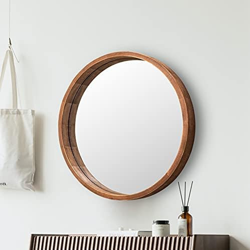 Round Wood Mirror 24 Inch Farmhouse Wall Mirror Wooden Framed Brown Circle Mirror for Bathroom | Amazon (US)