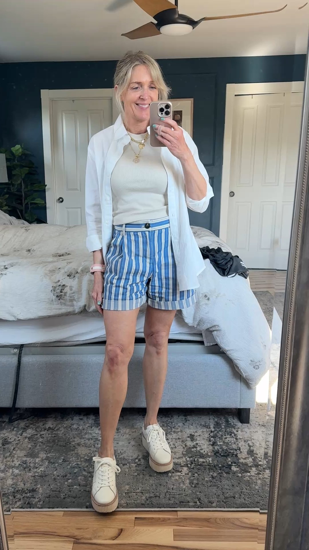 Casual summer outfit with Everlane.
Stripe shorts run true to size. 

Summer outfit, vacation outfit, style over 40, shorts outfits, mom trends, fashion over 50, spring outfits 2026

#LTKSeasonal #LTKOver40 #LTKgrwm