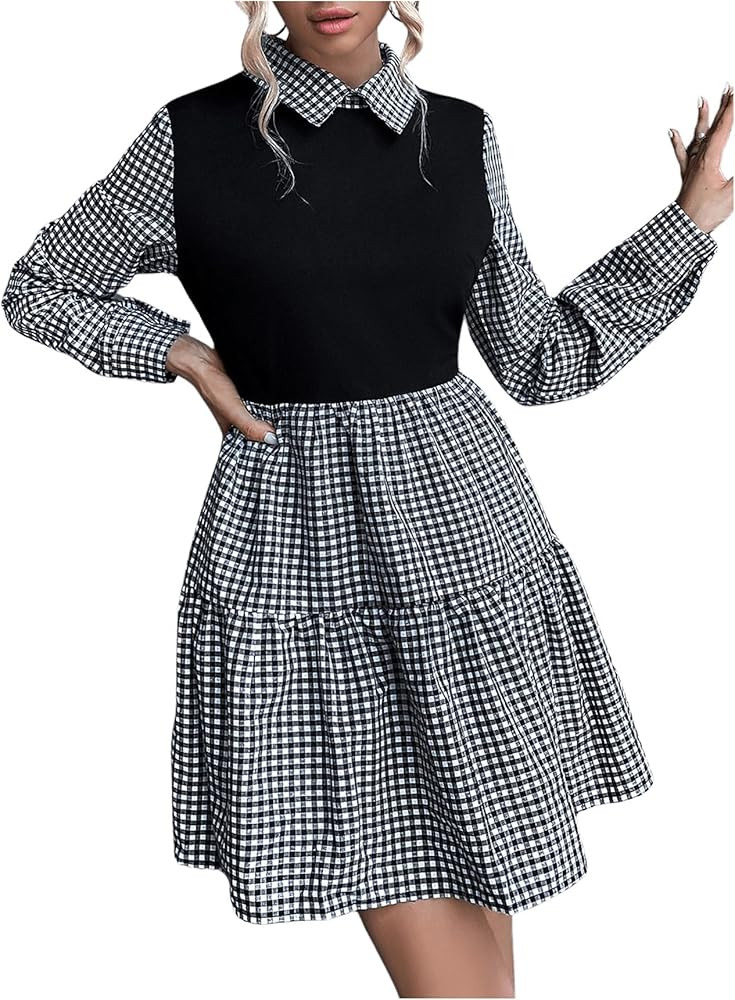 MakeMeChic Women's 2 in 1 Plaid Print Collared Ruffle Hem Long Sleeve Flare Short Dress Casual Dr... | Amazon (US)