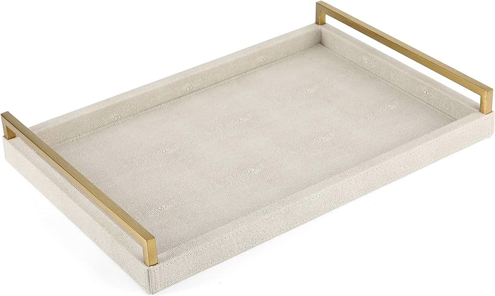 Amazon.com: WV Ivory Faux Shagreen Decorative Tray PU Leather with Brushed Gold Stainless Steel H... | Amazon (US)