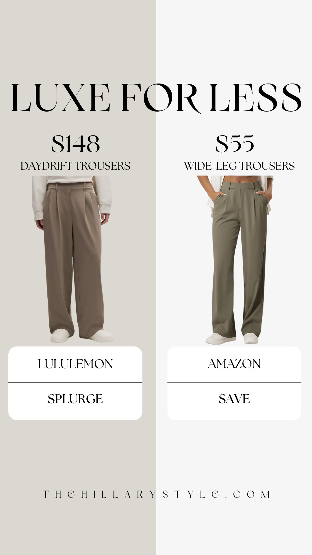 Luxe for Less: Wide Leg Trouser Dupe Alert

Found the ultimate wide leg trouser dupe for the classic Lululemon look! 🤩 If you love the tailored-yet-relaxed vibe of the Lululemon trousers but want to stick to a budget, this Amazon option is a serious contender. It offers that same flattering high waist, chic pleats, and comfortable wide leg style that’s trending this season, but for less than half the price. 💸 Perfect for dressing up with heels and a blazer for work or pairing with a cute sneaker and a simple tee for a more casual, elevated daily outfit. 

 #TheHillaryStyle #ltkfashion #ltkstyletip #ltkhome #fallstyle #casualchic #workwear #pantsdupes #lululemondupes #founditonamazon #styleguide #capsulewardrobe #whatimwearing #lookbook #widlegtrousers 

#LTKSeasonal #LTKActive #LTKSaleAlert