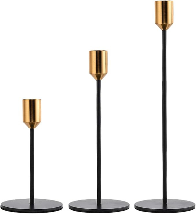 Matte Black Candle Holders Set of 3 for Taper Candles with Brass Color Top, Decorative Candlestic... | Amazon (US)