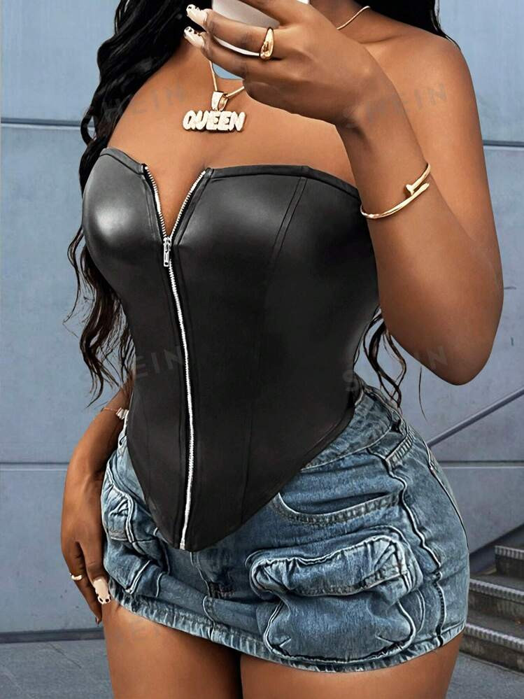 SHEIN Slayr Women Y2K Zip Front PU Leather Bustier Top | SHEIN